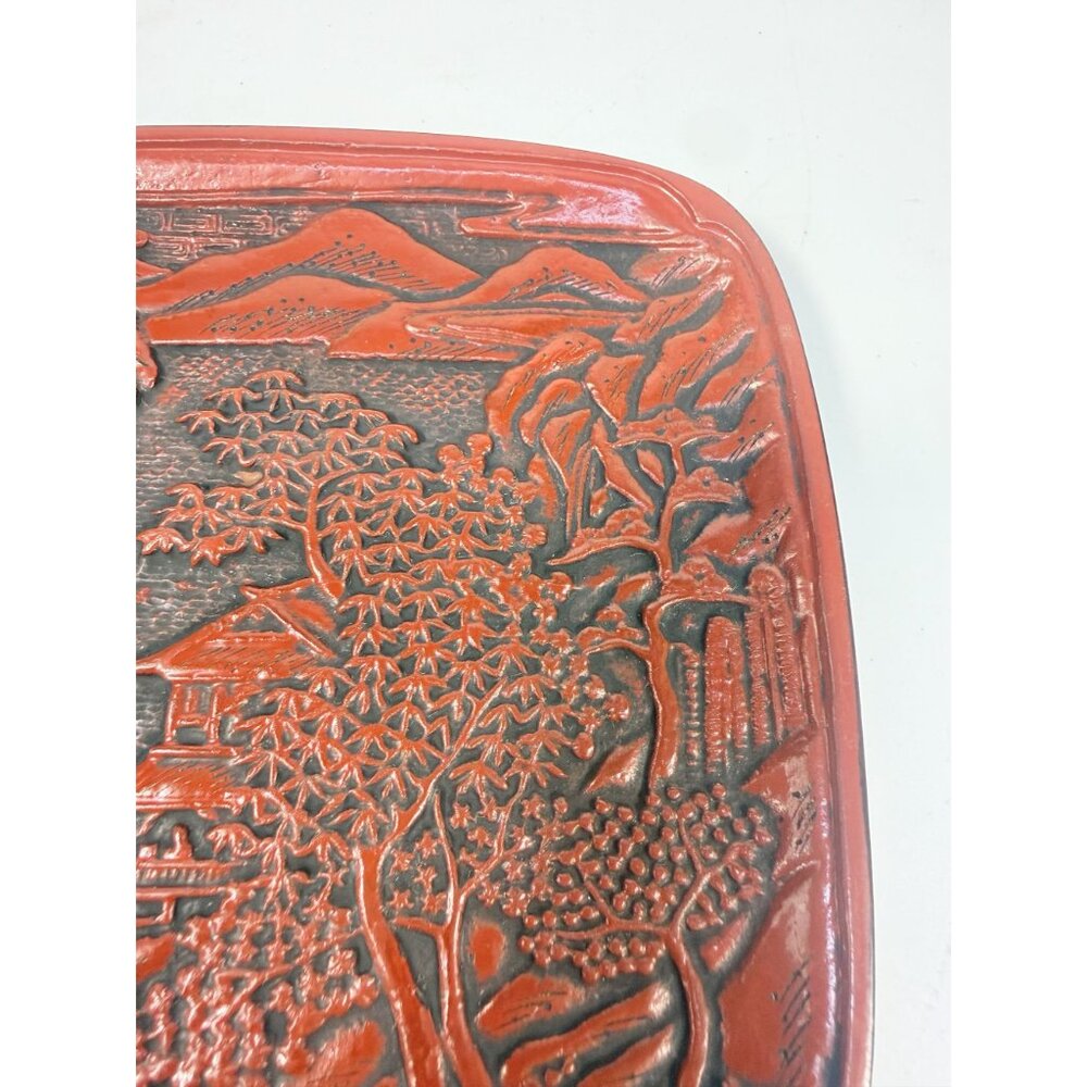 Appitizer Plates Set 3 Vintage Japanese Cinnabar Lacquer Ware Oriental Pagoda - Picture 7 of 12